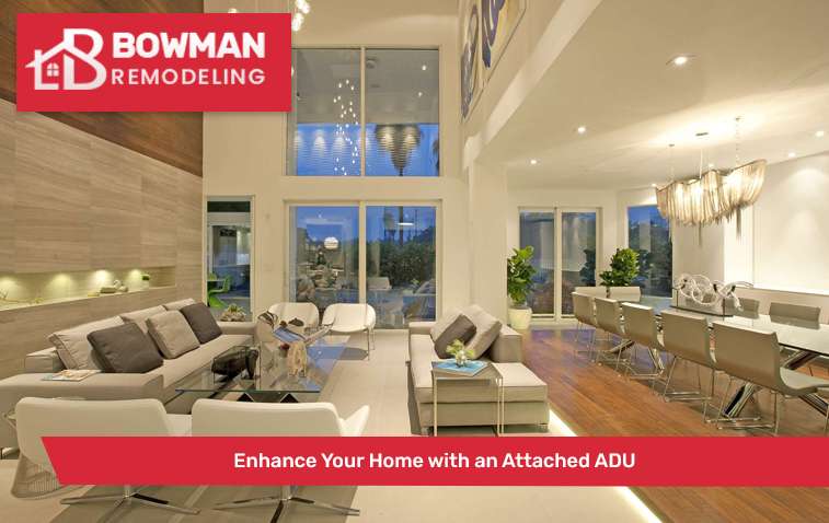 Modern interior of an attached ADU with an open floor plan, featuring a living and dinning area.