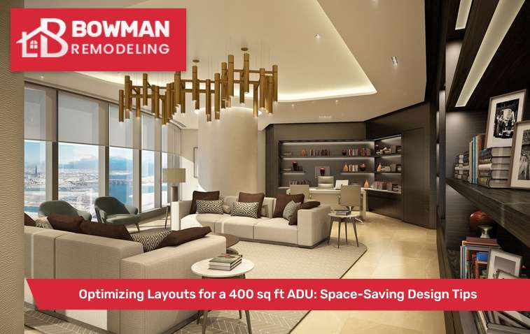 Compact living area in a 400 sq ft ADU with space-saving furniture and layout.